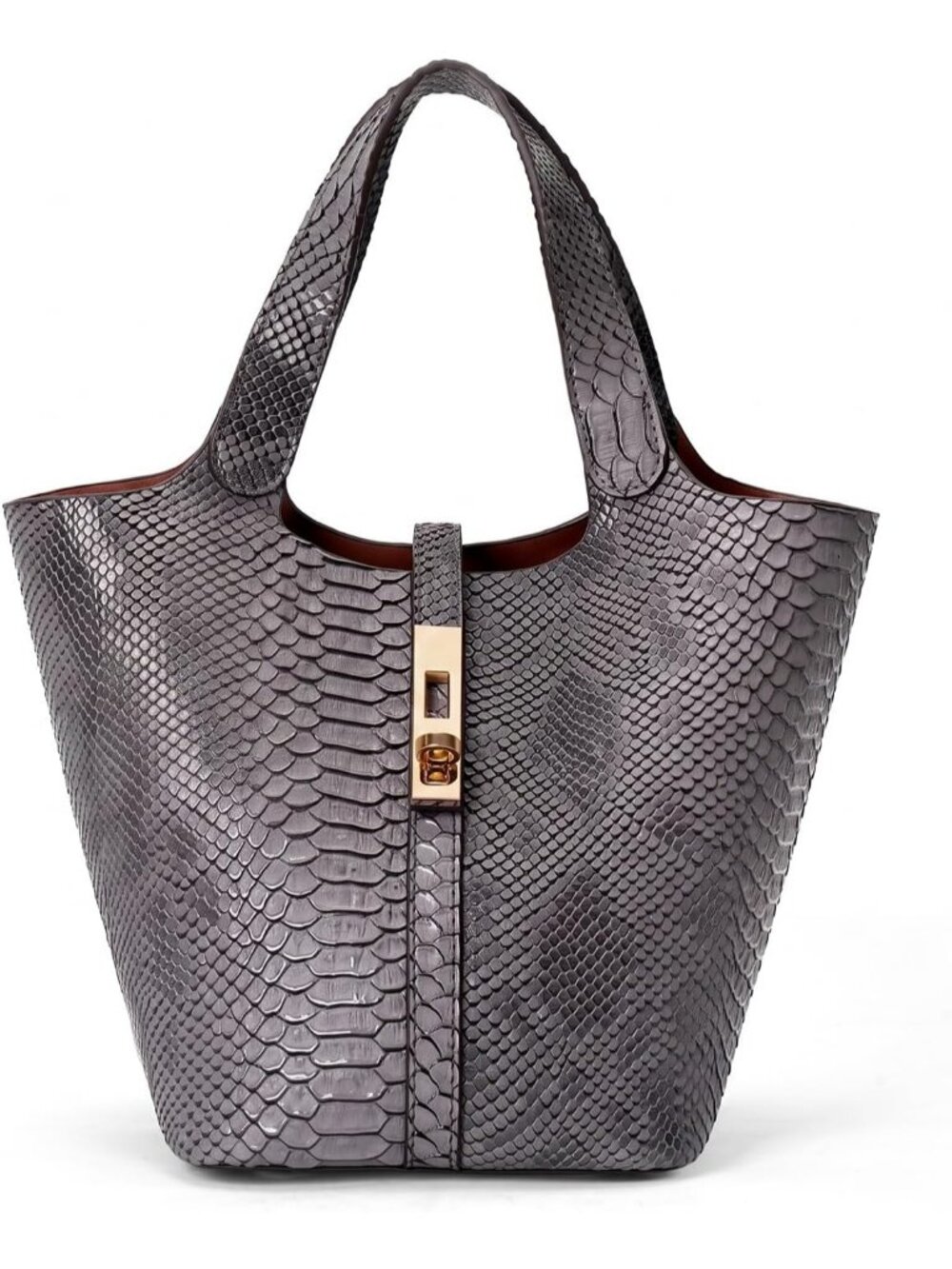 Women's Silver Vegan Leather Satchel Tote Handle Lock Design Bucket Purse